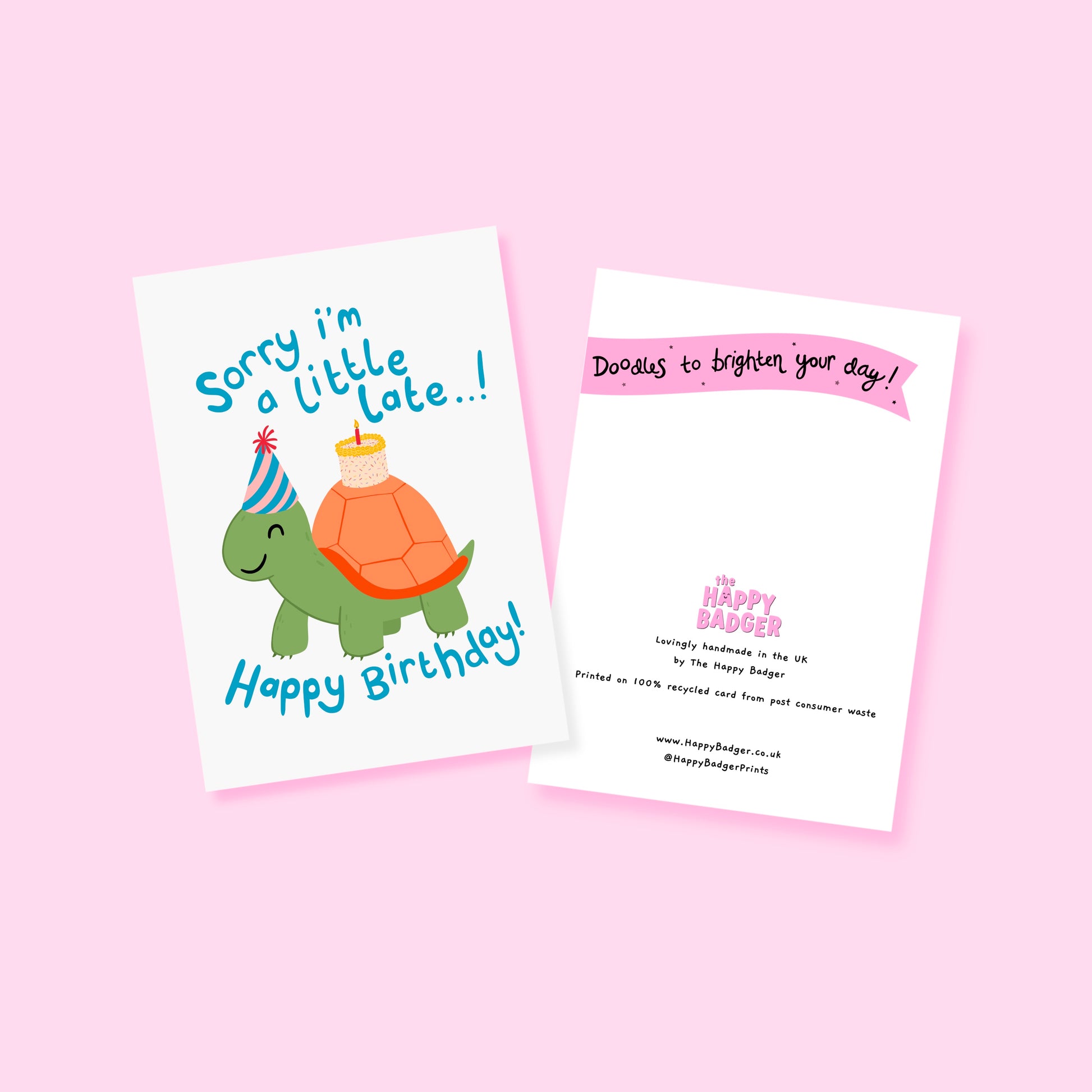 Birthday card with a tortoise wearing a party hat and text on a blue background