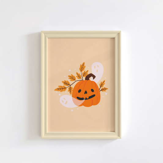 A warm toned print with an illustration of a dorky looking Halloween pumpkin. Come out of the pumpkin's mouth are ghosts.