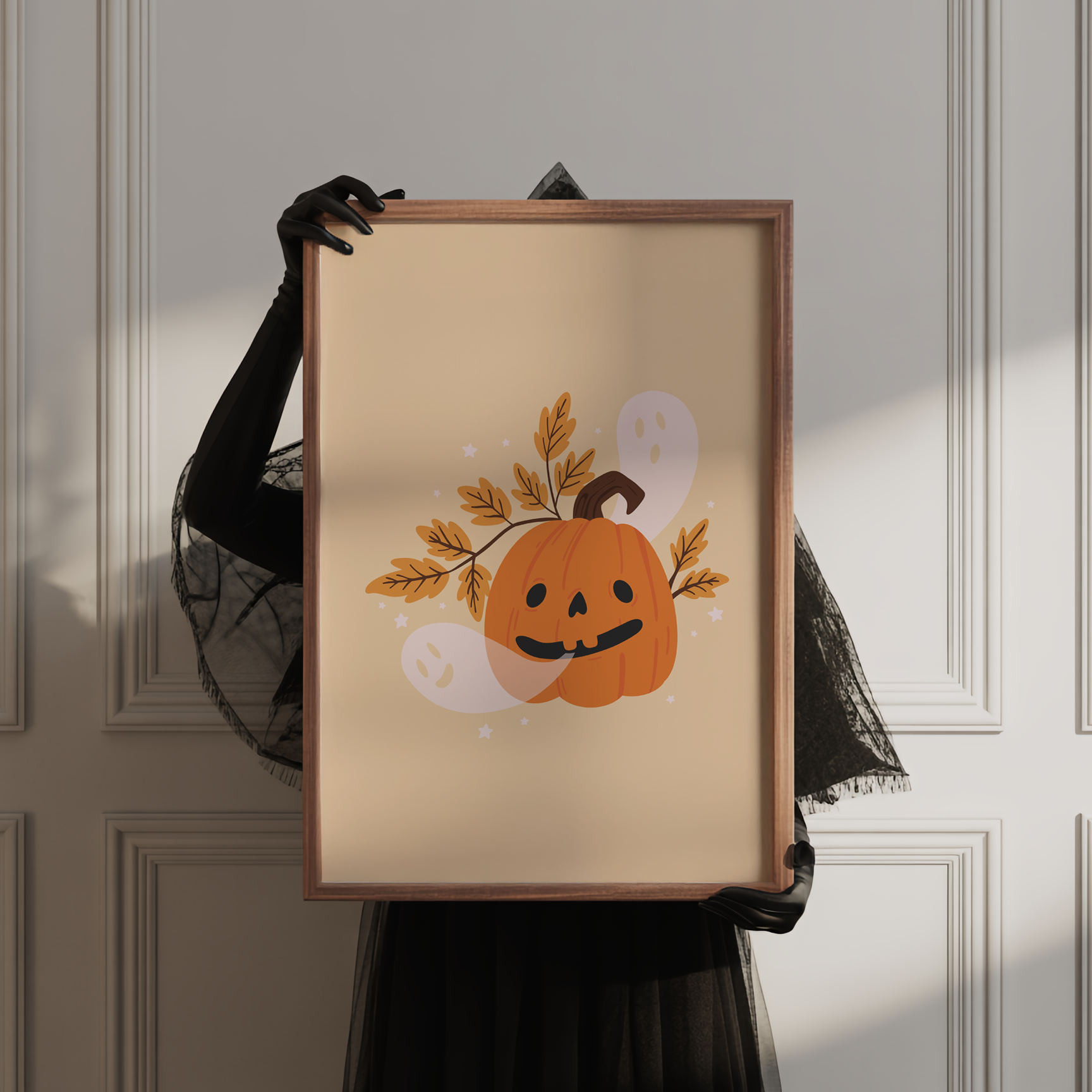 A warm toned print with an illustration of a dorky looking Halloween pumpkin. Come out of the pumpkin's mouth are ghosts.