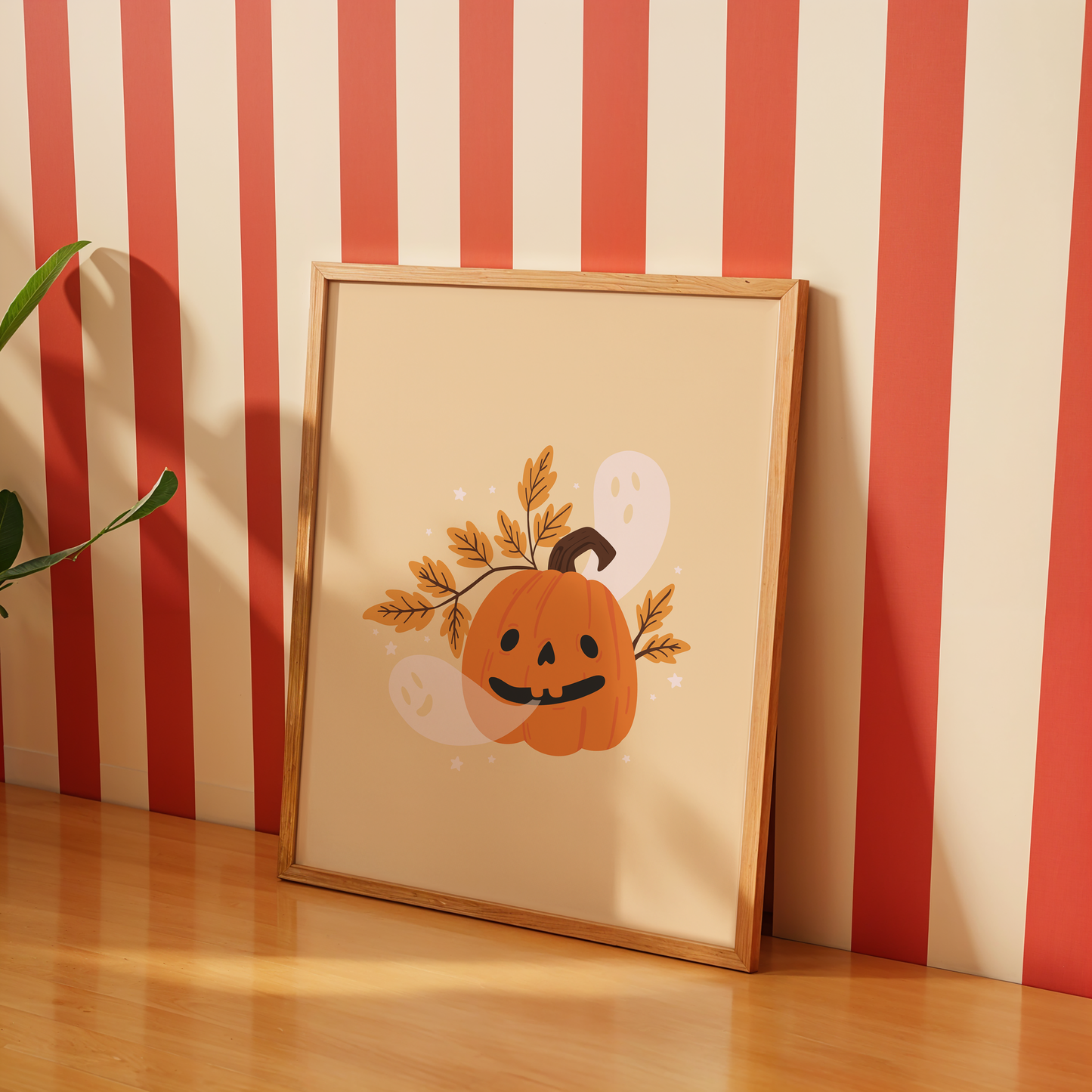 A warm toned print with an illustration of a dorky looking Halloween pumpkin. Come out of the pumpkin's mouth are ghosts.