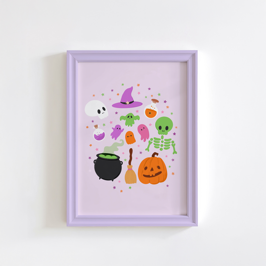 A Halloween illustration print on a light purple background, featuring lots of little Halloween themed doodles from pumpkins to skeletons and cauldrons to ghosts.