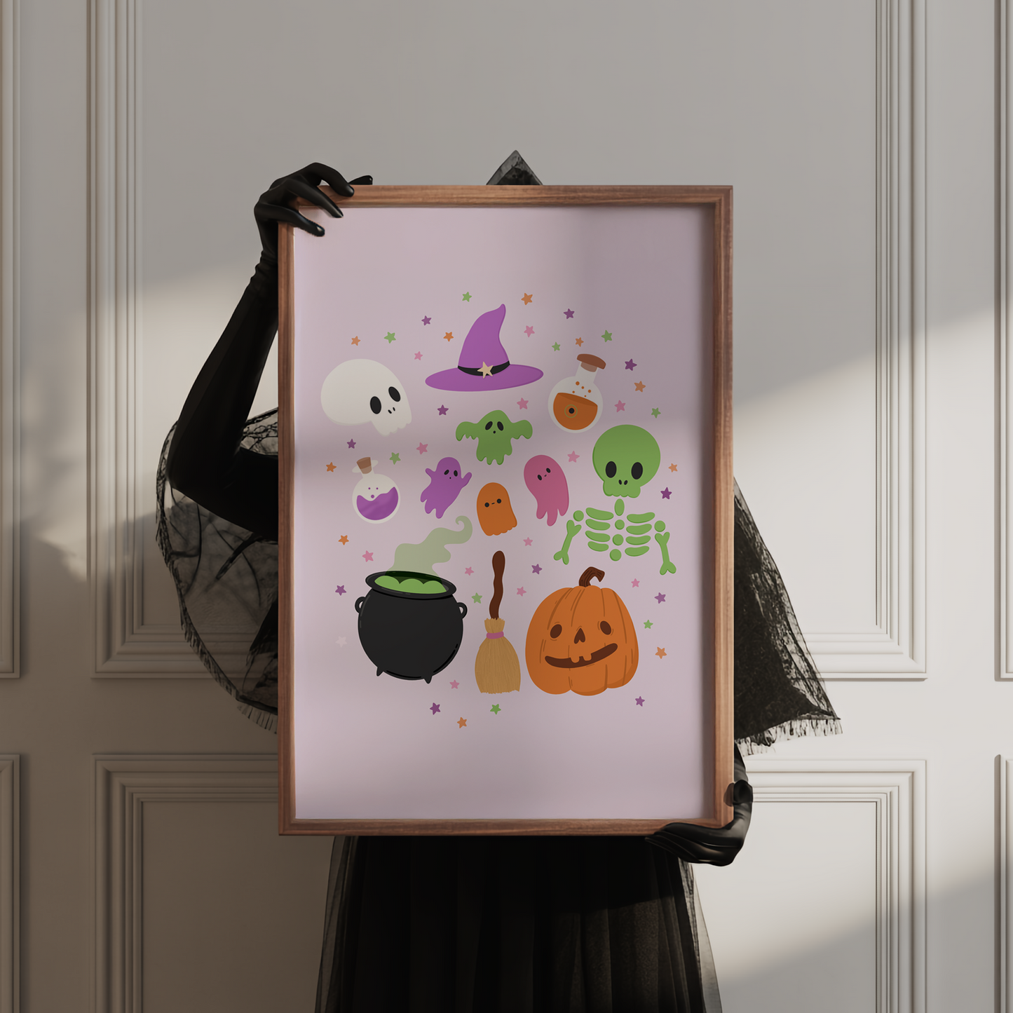 A Halloween illustration print on a light purple background, featuring lots of little Halloween themed doodles from pumpkins to skeletons and cauldrons to ghosts.