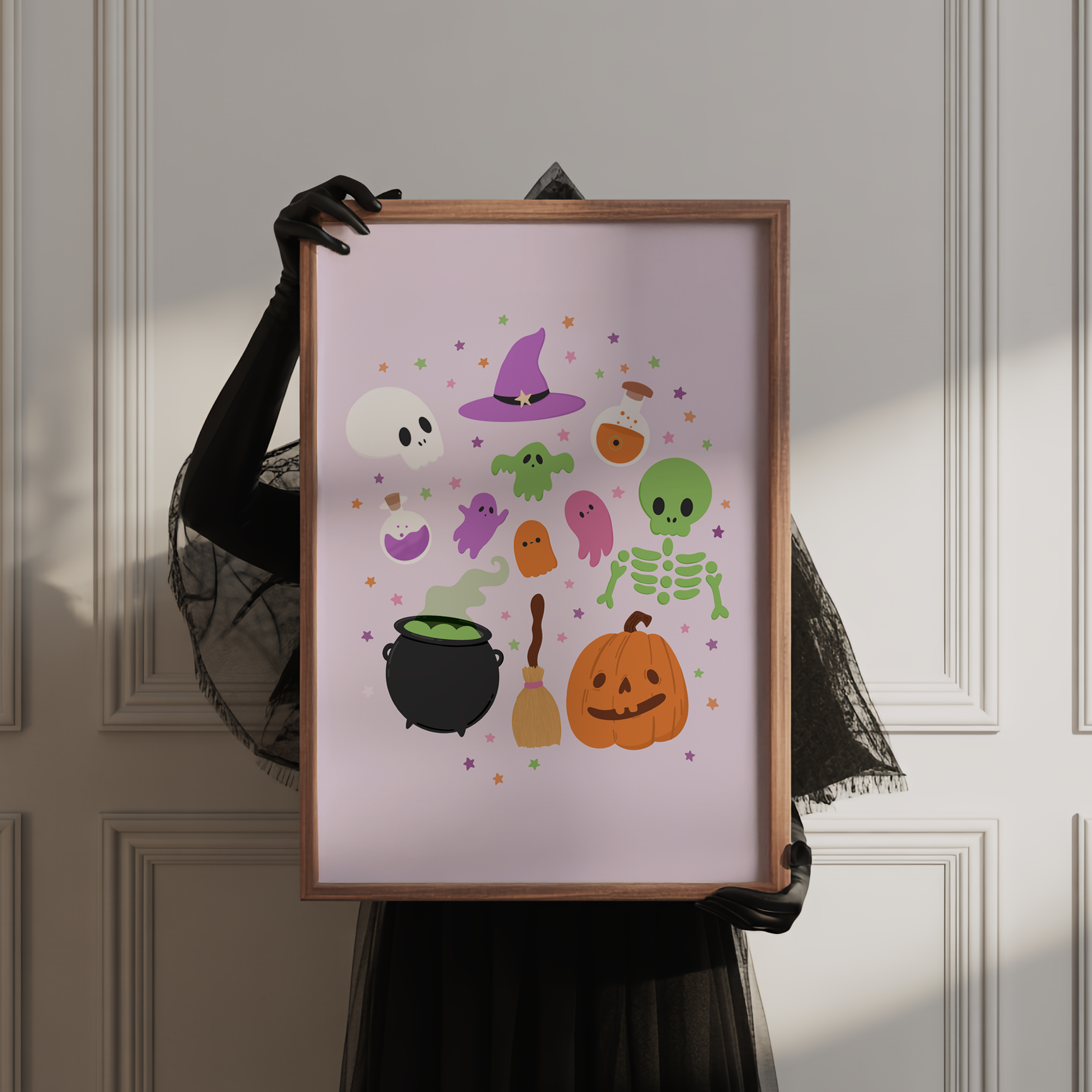 A Halloween illustration print on a light purple background, featuring lots of little Halloween themed doodles from pumpkins to skeletons and cauldrons to ghosts.