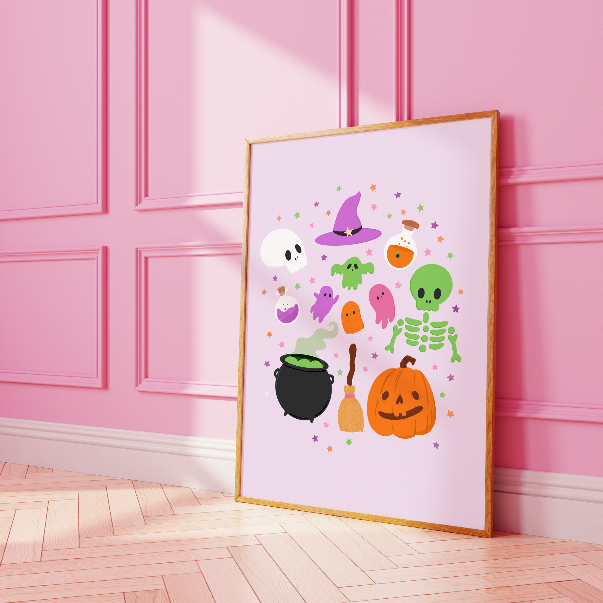 A Halloween illustration print on a light purple background, featuring lots of little Halloween themed doodles from pumpkins to skeletons and cauldrons to ghosts.
