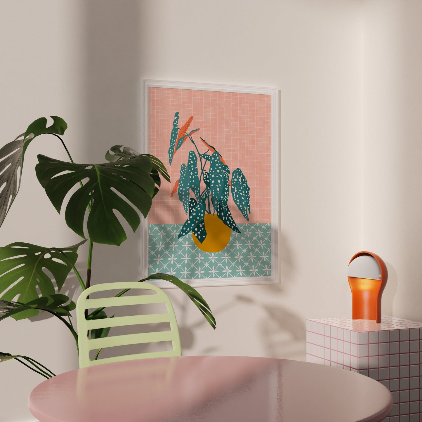 An illustration of a polka dot begonia, in a blue vase on peach coloured tiles, with a soft blue backdrop.