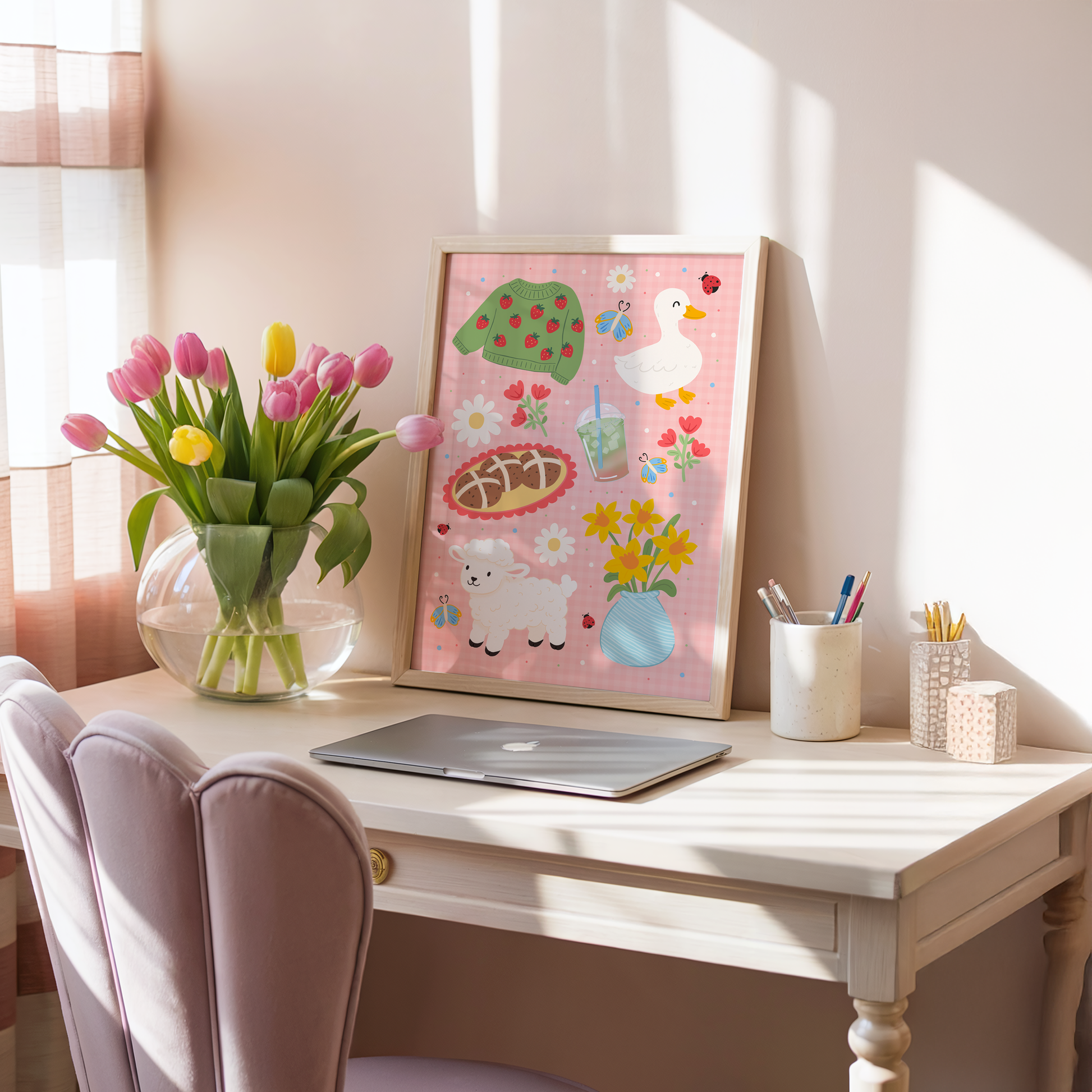 A pink gingham print, with spring themed illustrations - hot cross bunds, iced matcha latte, a duck, a lamb, daffodils and a strawberry print jumper.