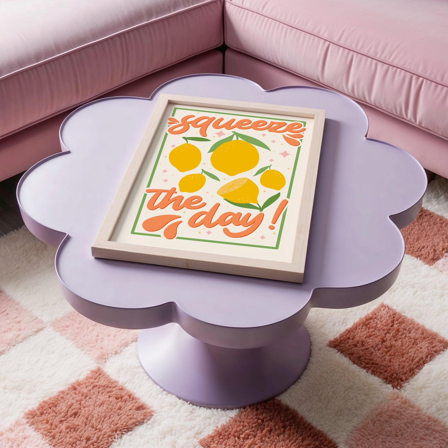 An art print with the text 'squeeze the day!' surrounded by illustrations of lemons and leaves in shades of yellow, green, and orange.