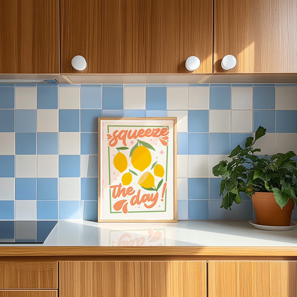 An art print with the text 'squeeze the day!' surrounded by illustrations of lemons and leaves in shades of yellow, green, and orange.