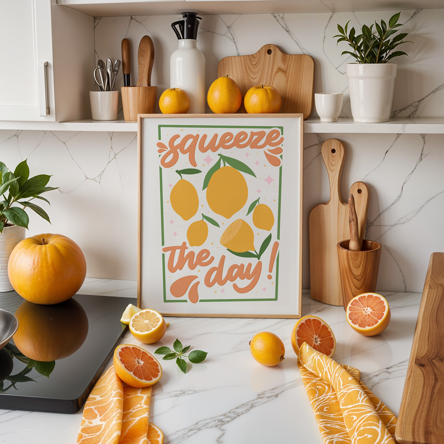 An art print with the text 'squeeze the day!' surrounded by illustrations of lemons and leaves in shades of yellow, green, and orange.