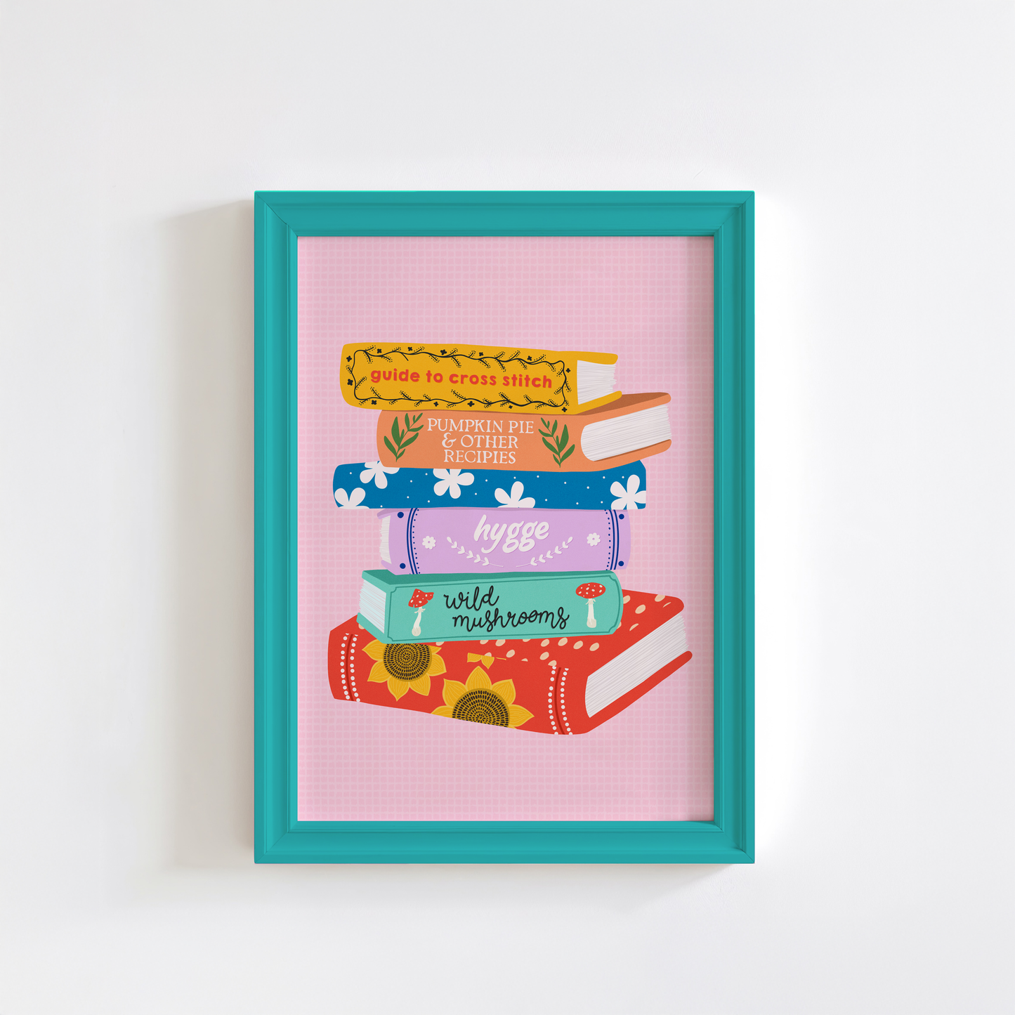 An illustrated print of a stack of six colourful books, with autumnal themed titles, in bold bright colours.