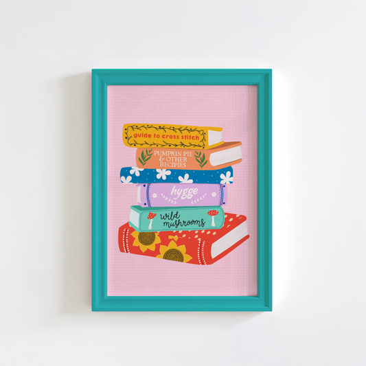 An illustrated print of a stack of six colourful books, with autumnal themed titles, in bold bright colours.