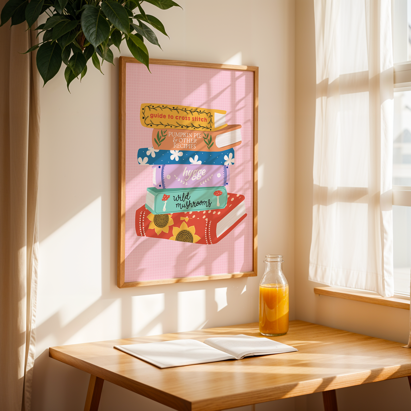 An illustrated print of a stack of six colourful books, with autumnal themed titles, in bold bright colours.