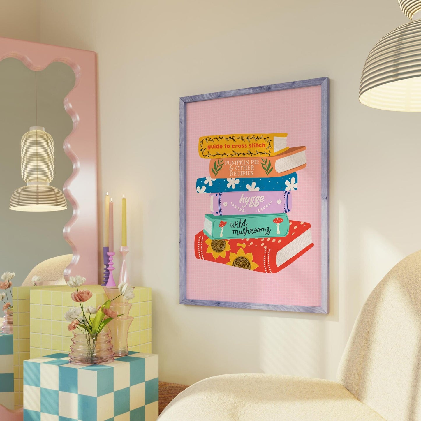 An illustrated print of a stack of six colourful books, with autumnal themed titles, in bold bright colours.