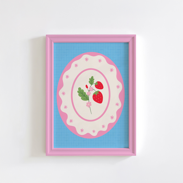 A blue and pink print, with an illustration of a flower stem with two strawberries on it.