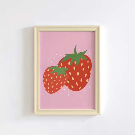 An illustration of two red strawberries, on a pink background.