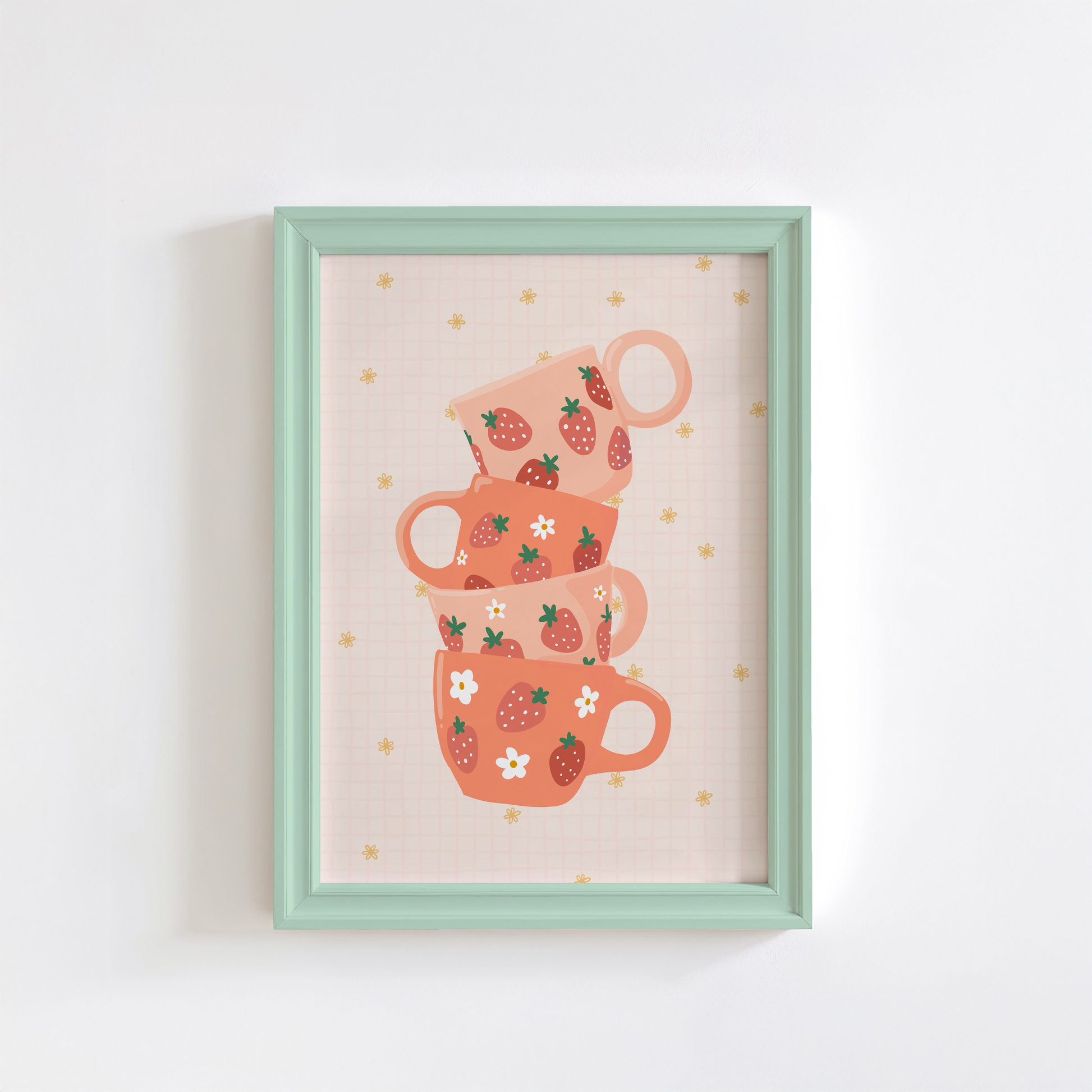 A warm toned printed featuring four stacked mugs in shades of orange, with strawberry illustrations on them.