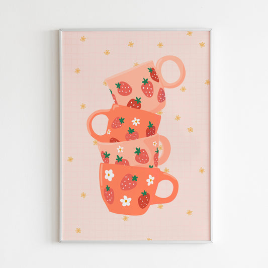 A stack of pink and orange mugs with strawberries on them, on a warm pale orange background.