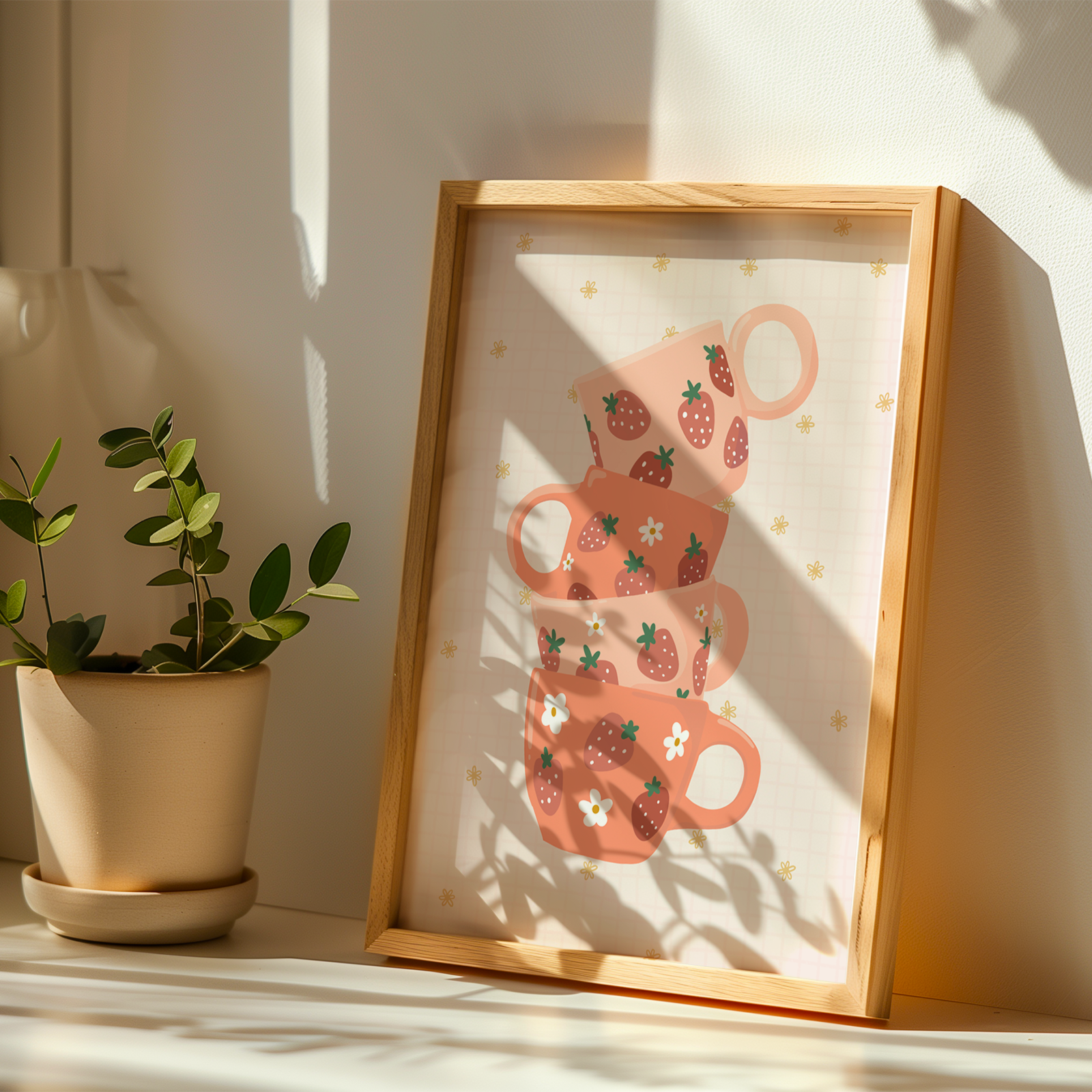 A warm toned printed featuring four stacked mugs in shades of orange, with strawberry illustrations on them.