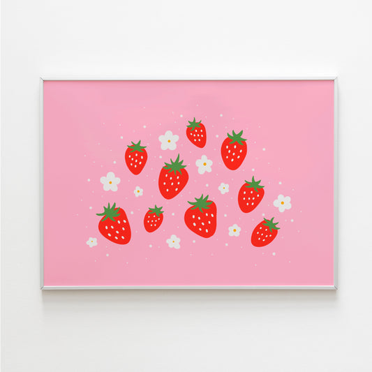 A cluster of cute strawberries with little white daisies, on a pink background.