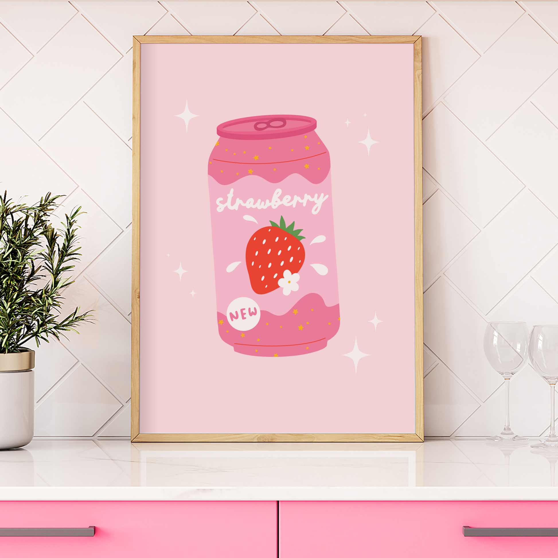 A pink print showing an illustration of a can of strawberry soda, in a quirky kawaii style.