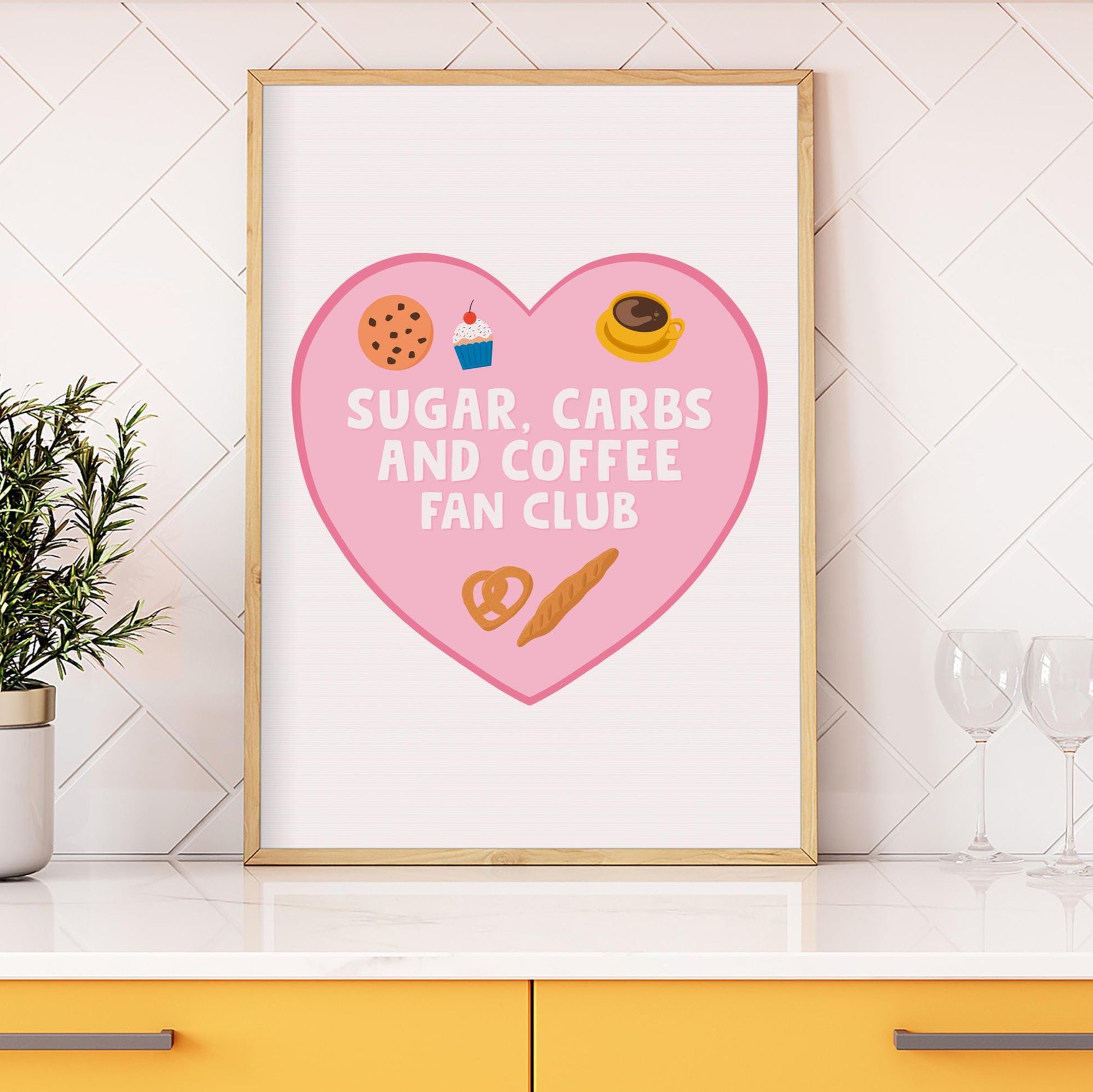 An illustration of a pink heart, with the words 'Sugar, carbs and coffee fan club' inside, with small illustrations of related items.