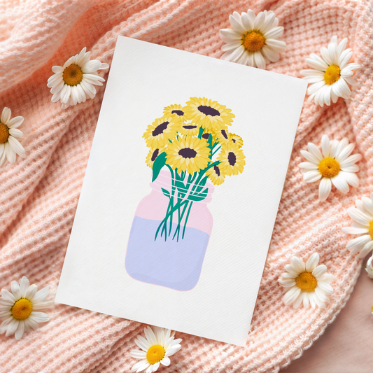 A greetings card with a bouquet of flowers, the card is otherwise blank to convey any sentiment.