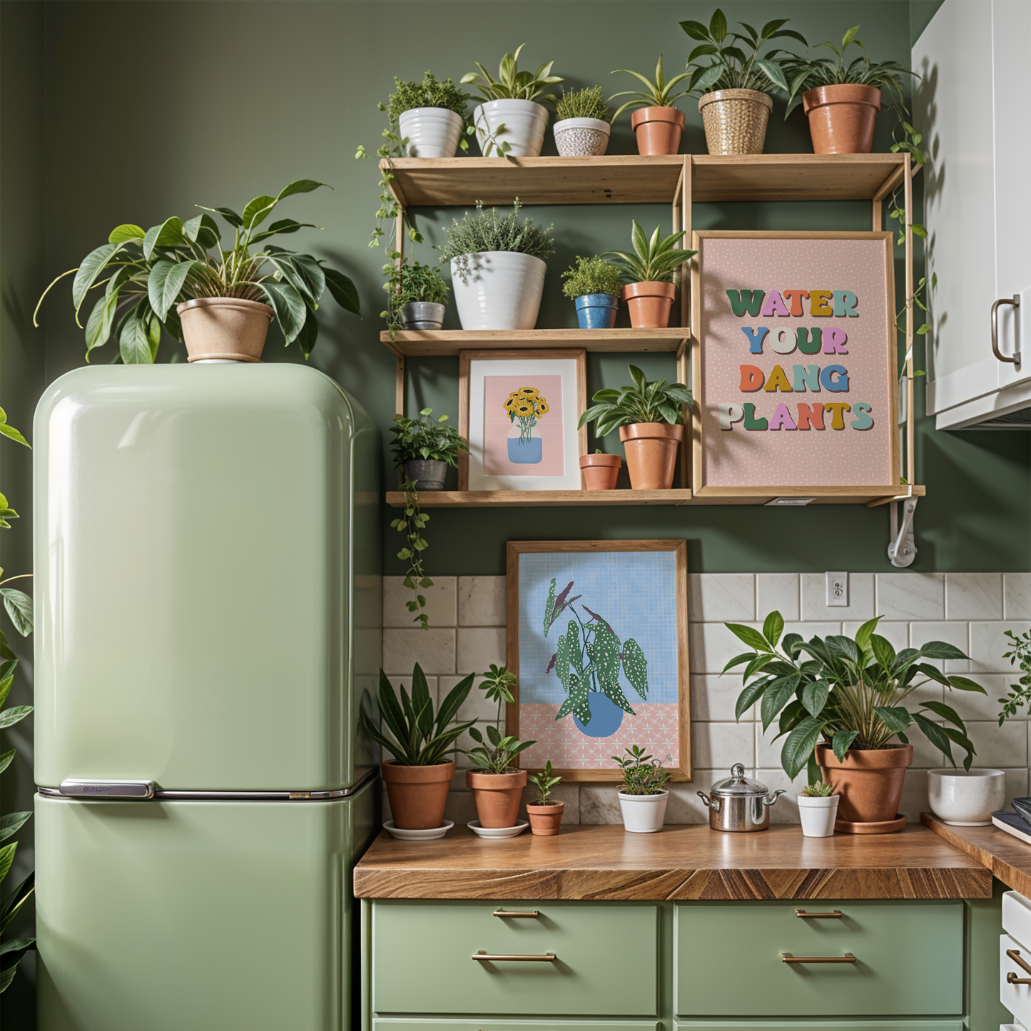 A quote print, saying water your dang plants, in multicoloured text on a peachy pink background, shown with a sunflower print and a polka dot begonia print, in a green kitchen.