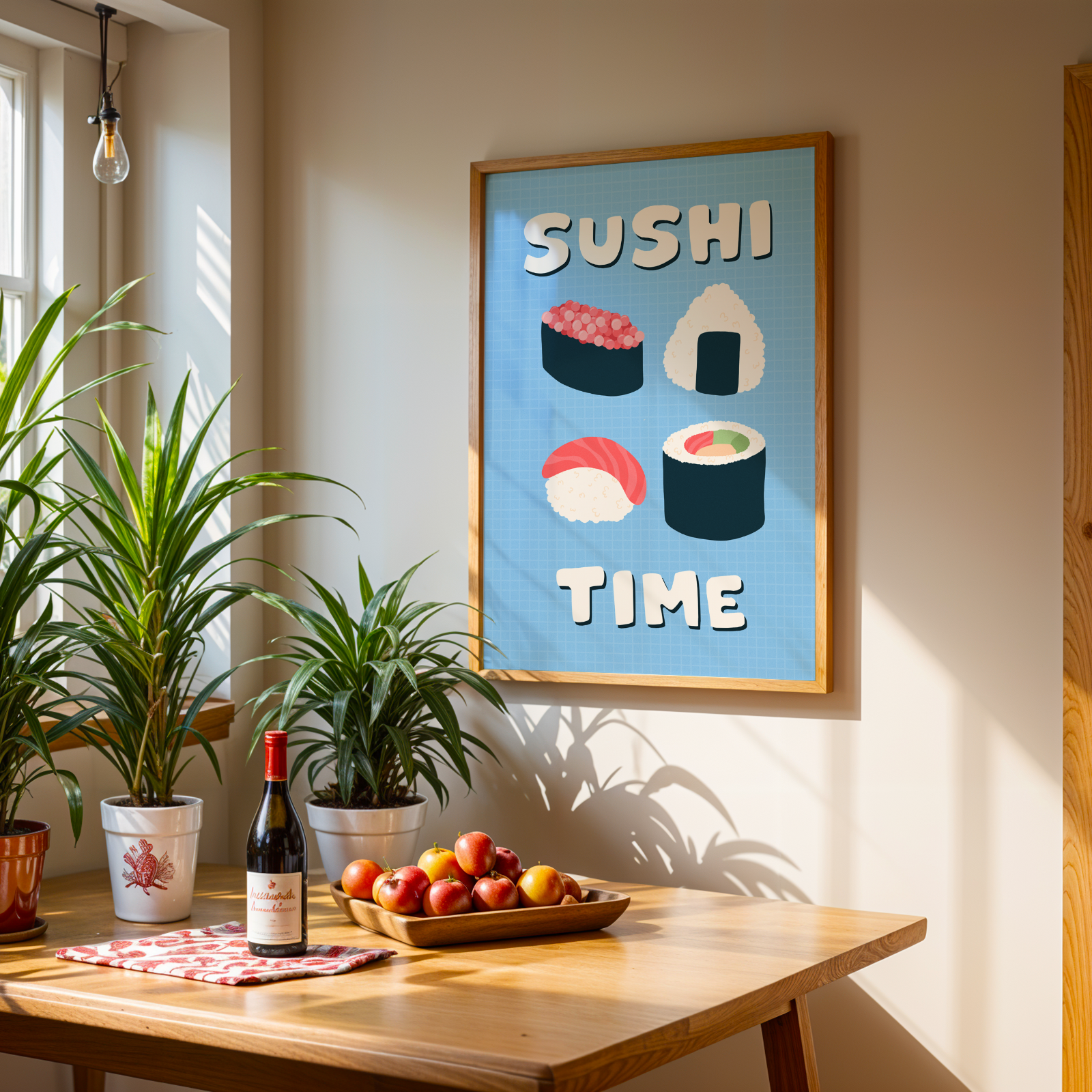 A blue wall art print, with illustrations of sushi in the centre. Around the sushi illustration, are the words 'Sushi Time' in a fun bold white font.