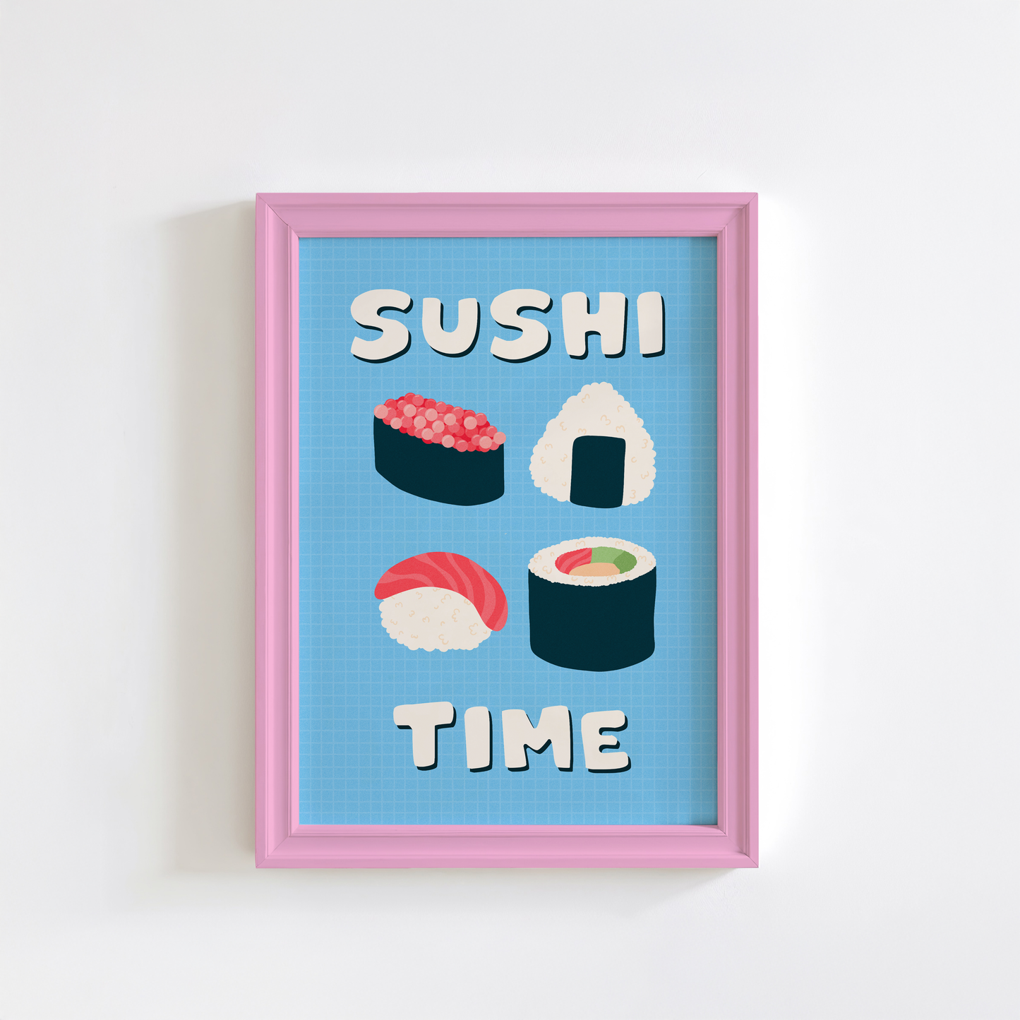 A blue wall art print, with illustrations of sushi in the centre. Around the sushi illustration, are the words 'Sushi Time' in a fun bold white font.