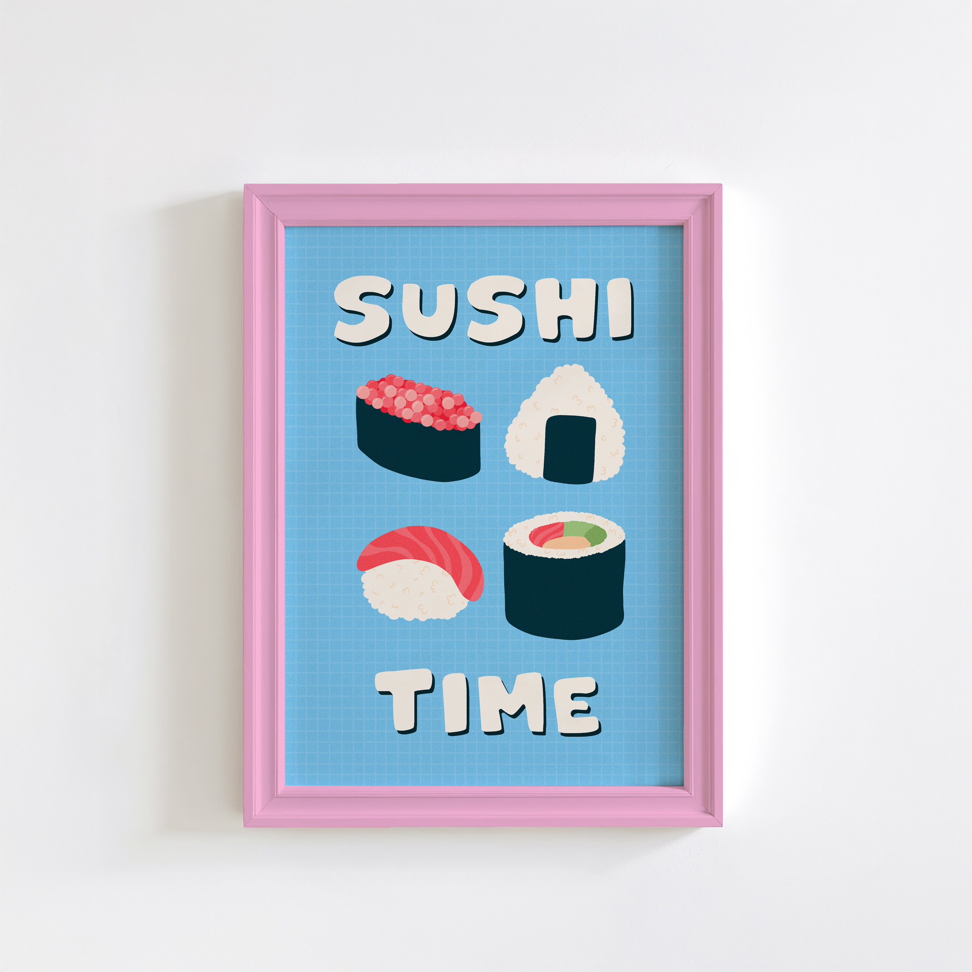 A blue wall art print, with illustrations of sushi in the centre. Around the sushi illustration, are the words 'Sushi Time' in a fun bold white font.