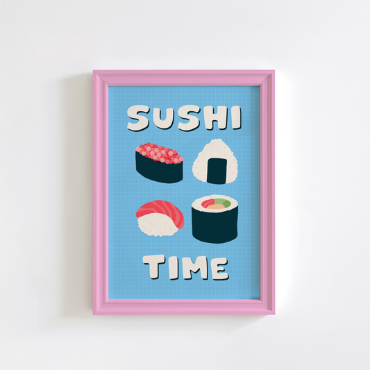 A blue wall art print, with illustrations of sushi in the centre. Around the sushi illustration, are the words 'Sushi Time' in a fun bold white font.