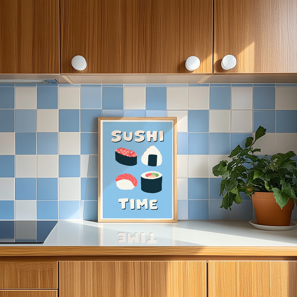 A blue wall art print, with illustrations of sushi in the centre. Around the sushi illustration, are the words 'Sushi Time' in a fun bold white font.