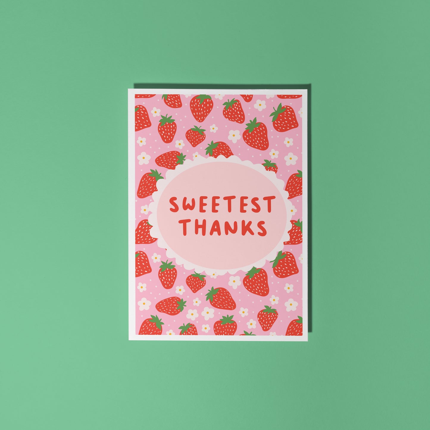 Thank you card with a strawberry pattern and the words 'Sweetest Thanks'.