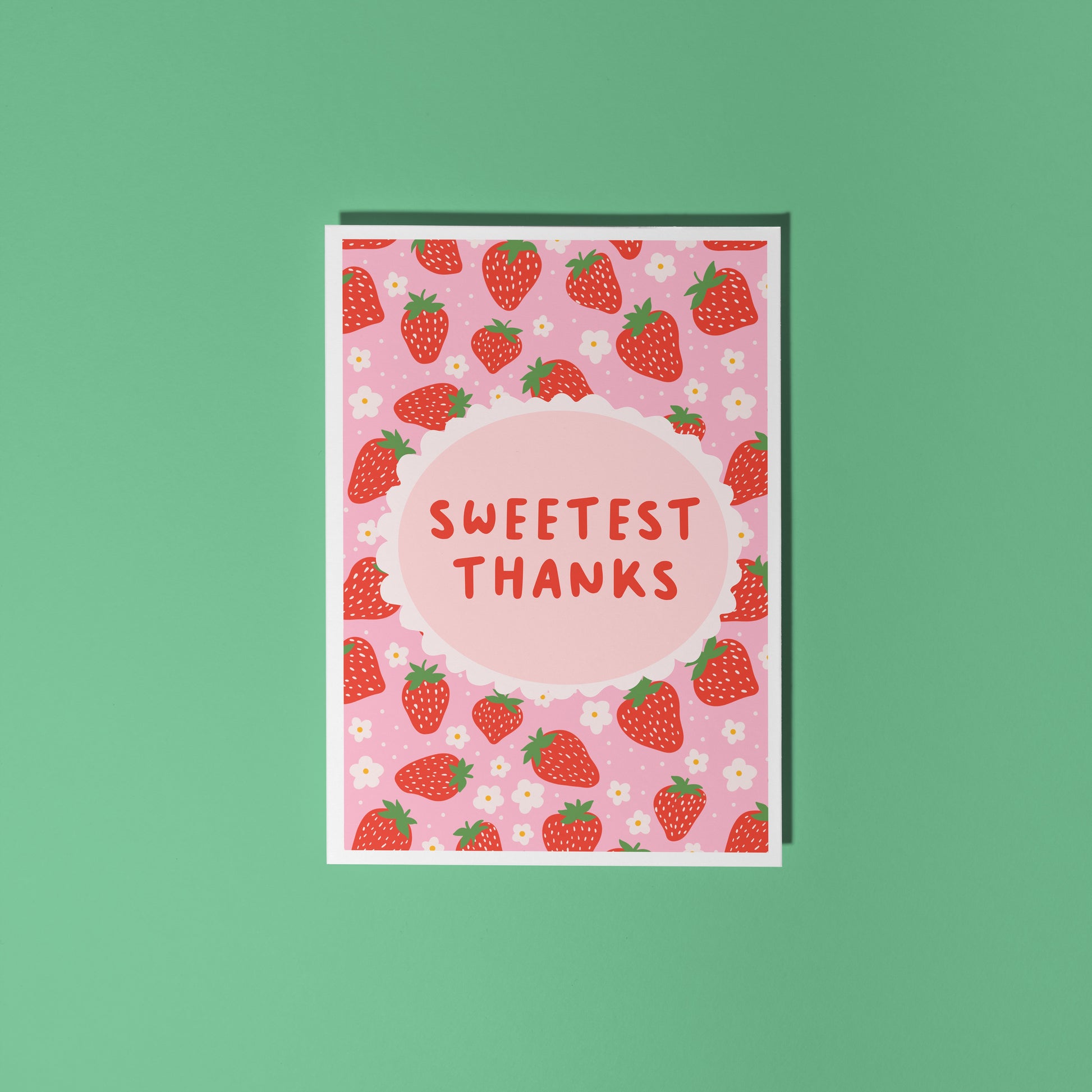 Thank you card with a strawberry pattern and the words 'Sweetest Thanks'.