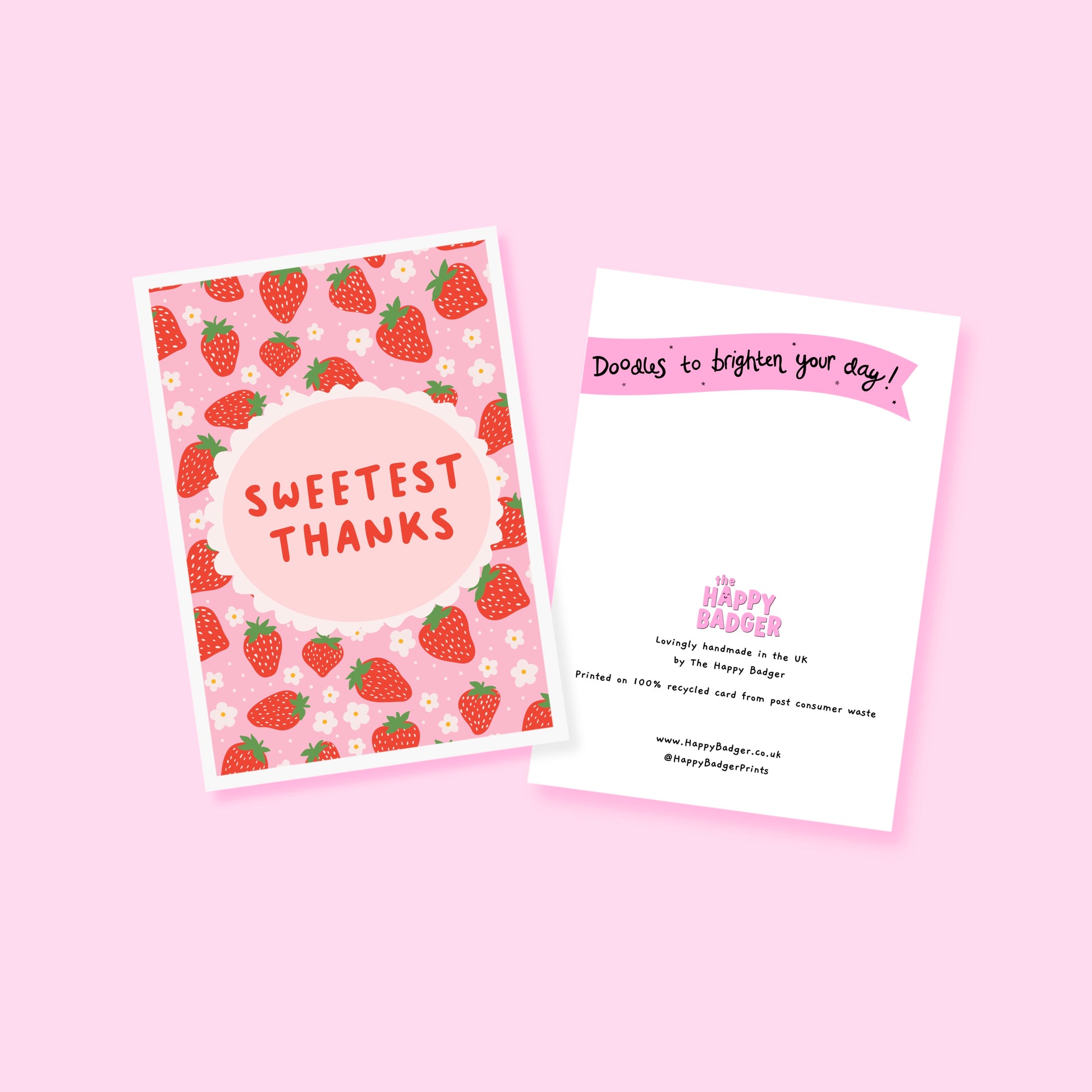 Thank you card with a strawberry pattern and the words 'Sweetest Thanks'.