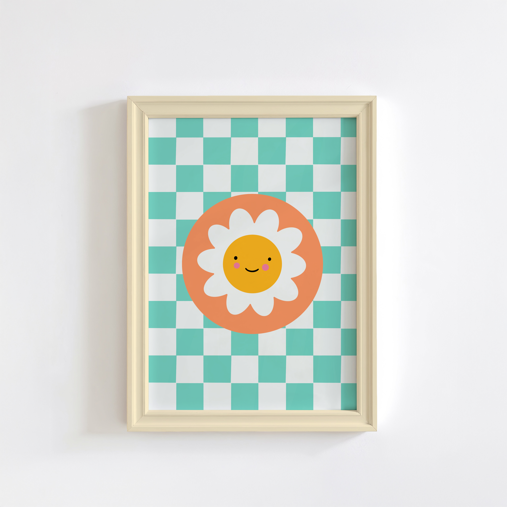 An illustration of a teal checkerboard print, with a smiling daisy in an orange circle, shown in a frame.