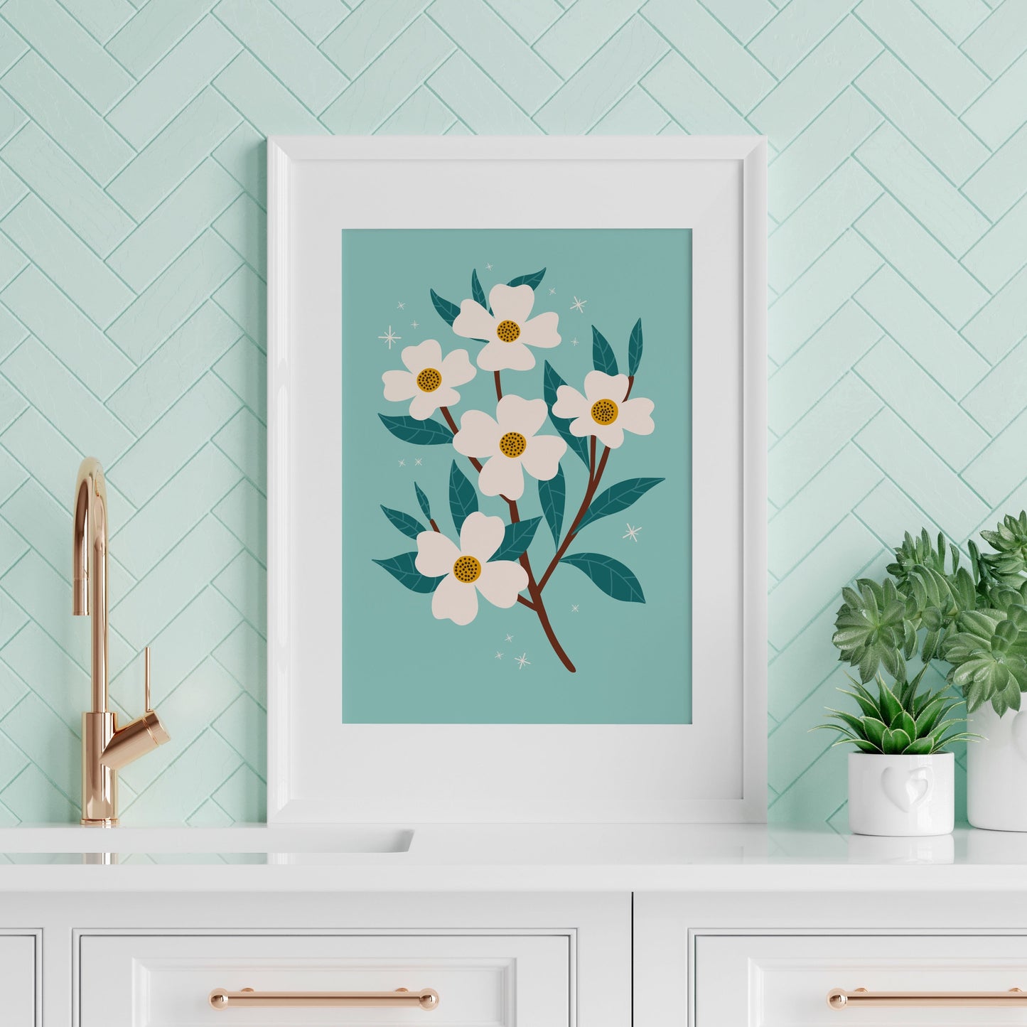 An illustration print of white flowers, on a branch with dark teal leaves. Set on a bright teal background.