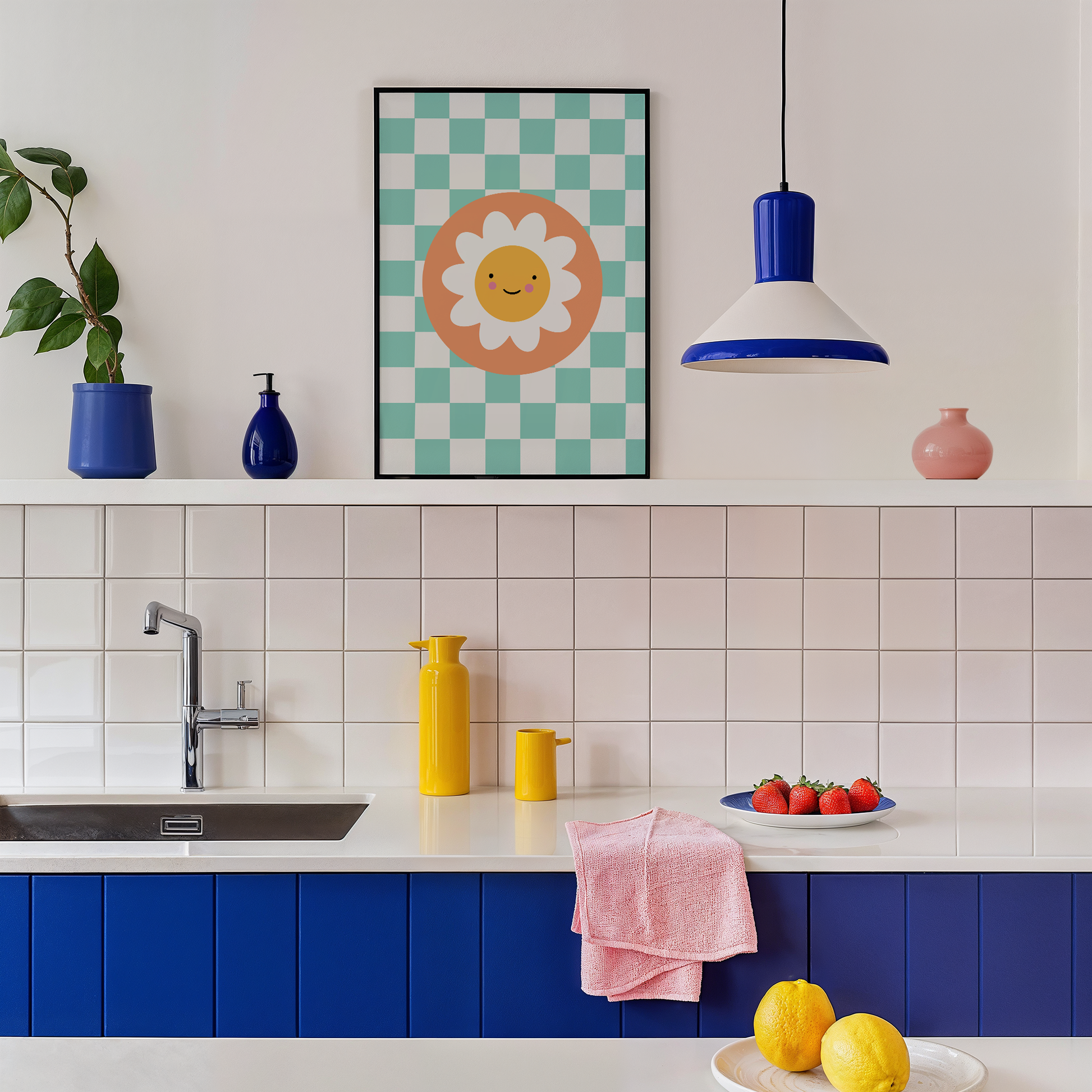 An illustration of a teal checkerboard print, with a smiling daisy in an orange circle, shown in a frame.