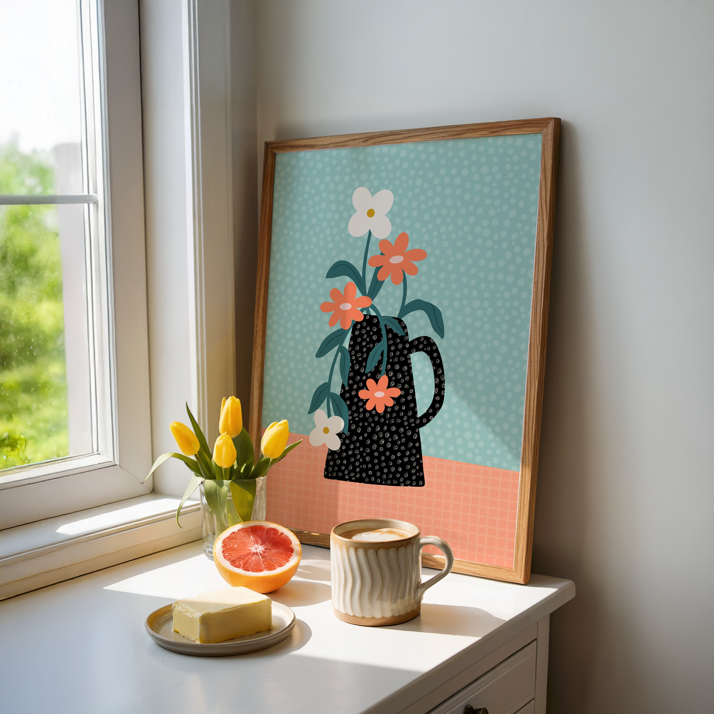 An illustration print of white and orange flowers, in a black patterned vase, set on a bright teal and orange background.