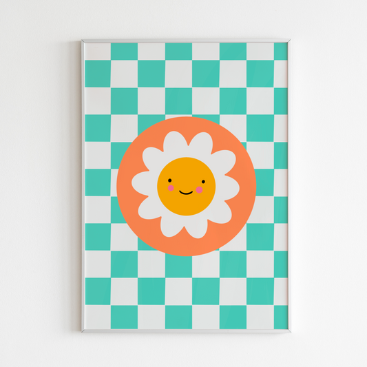 An illustration of a teal checkerboard print, with a smiling daisy in an orange circle, shown in a frame.