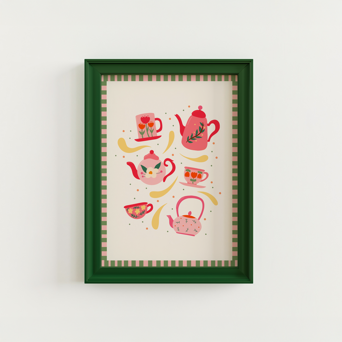An illustration of 6 mugs and teapots in cosy autumnal colours. The print has a pink and green checkerboard border.