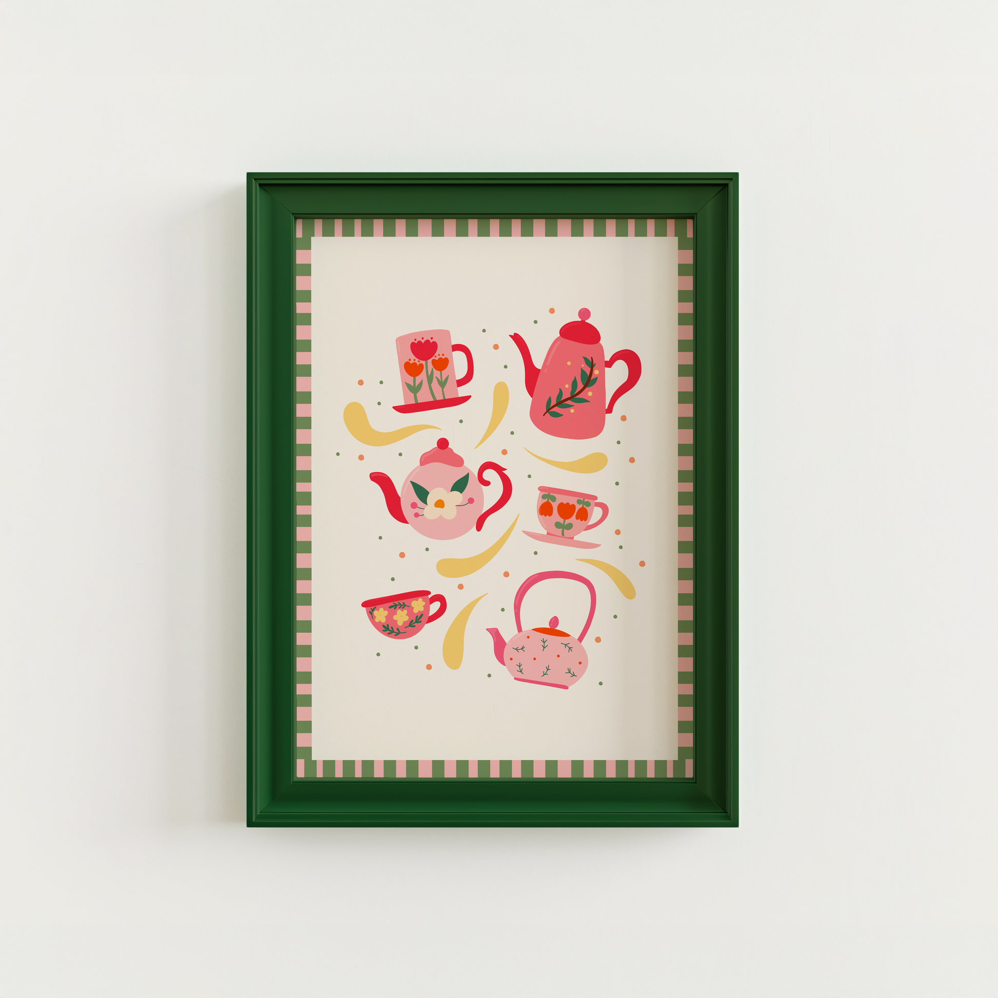 An illustration of 6 mugs and teapots in cosy autumnal colours. The print has a pink and green checkerboard border.