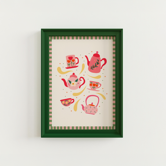 An illustration of 6 mugs and teapots in cosy autumnal colours. The print has a pink and green checkerboard border.