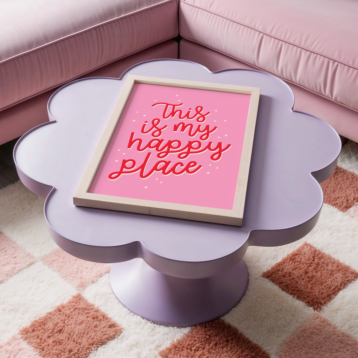 A bold pink print with a quote in red that reads 'this is my happy place'.
