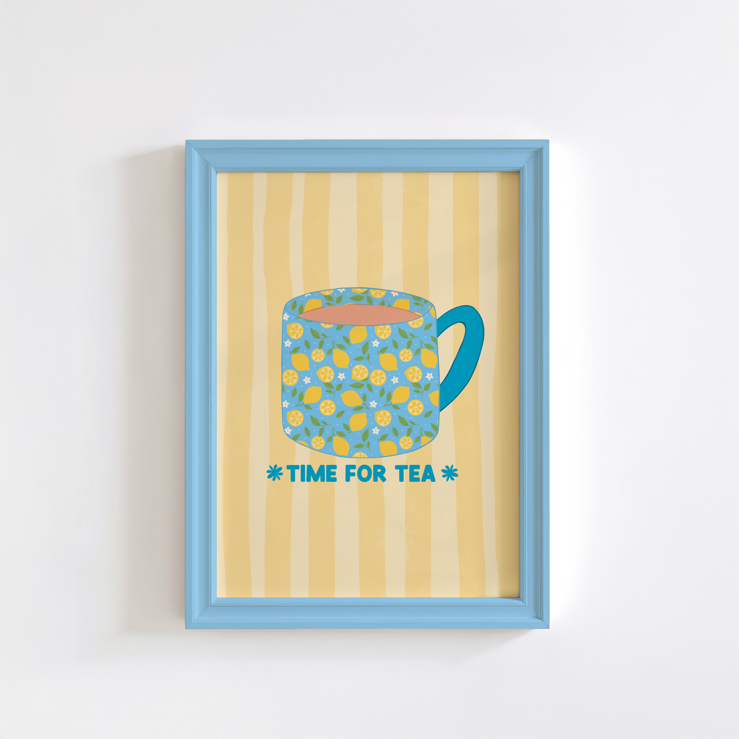 Framed artwork with a blue mug and 'Time for Tea' text on a yellow striped background.