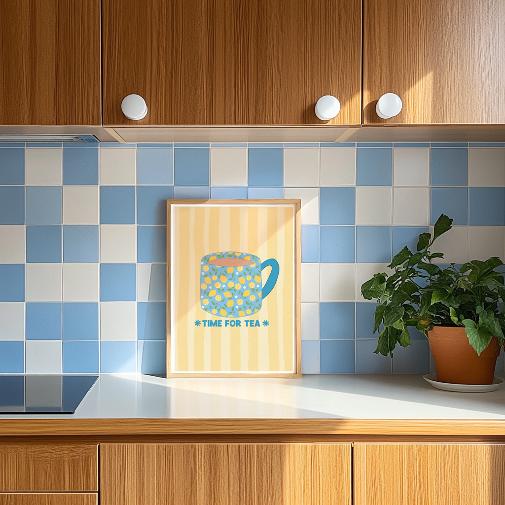 Framed artwork with a blue mug and 'Time for Tea' text on a yellow striped background.