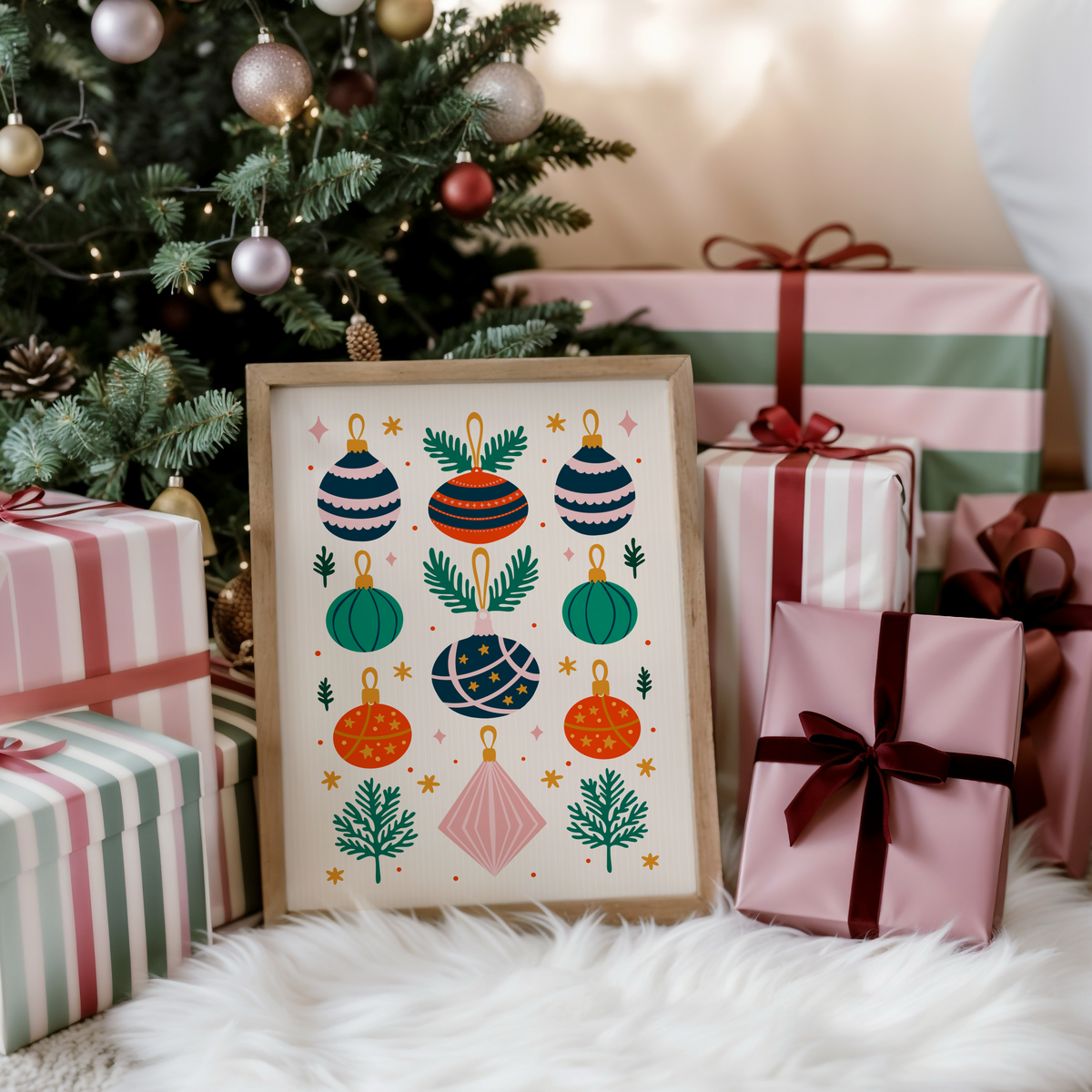 An illustrated Christmas print with 9 traditionally coloured baubles, with sprigs of pine decorating the page.