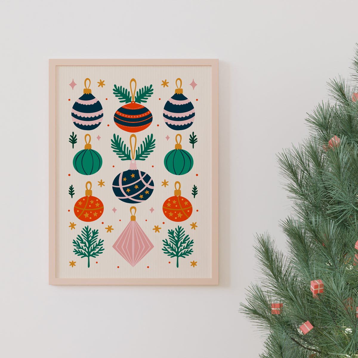 An illustrated Christmas print with 9 traditionally coloured baubles, with sprigs of pine decorating the page.
