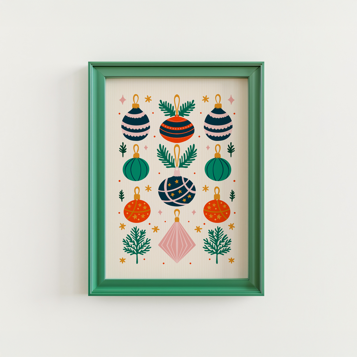 An illustrated Christmas print with 9 traditionally coloured baubles, with sprigs of pine decorating the page.