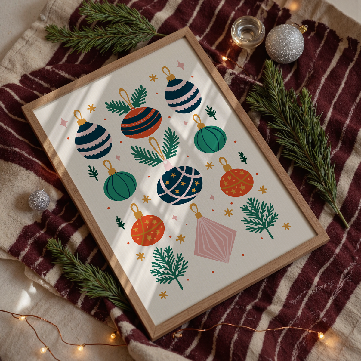 An illustrated Christmas print with 9 traditionally coloured baubles, with sprigs of pine decorating the page.